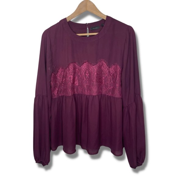 Halogen Tops - Halogen | Long Sleeve Burgundy Blouse with Lace Details | Size L
